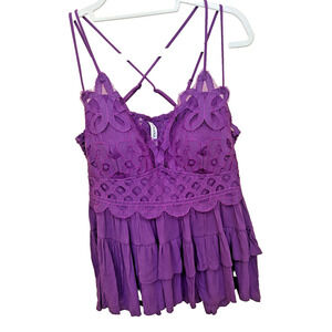 Zenana Crocheted Lace Peplum High Low Tank Top Cami Purple Size 2X